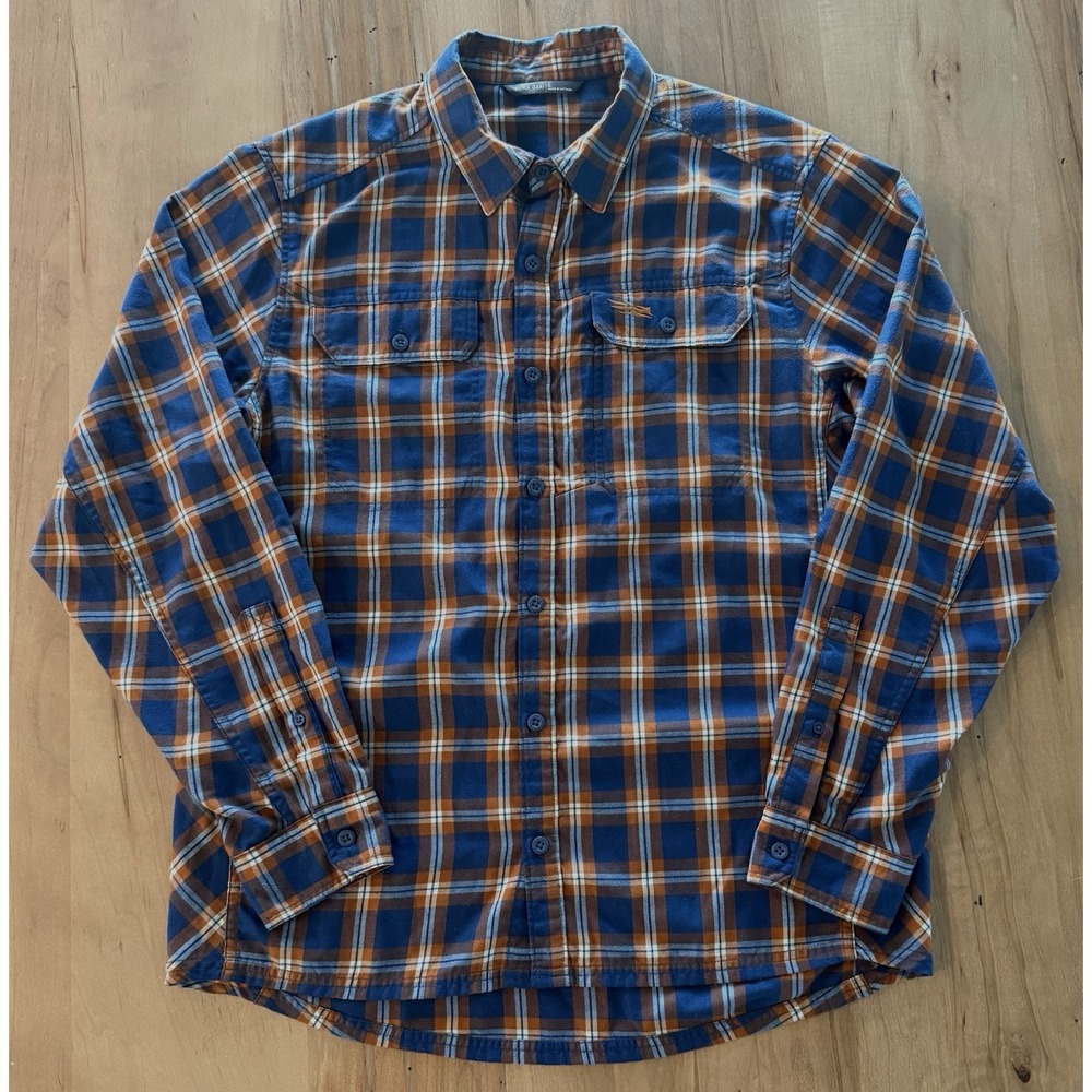 Sitka Gear Plaid Blue Orange White Flannel Long Sleeve Button-Down Shirt Men's L